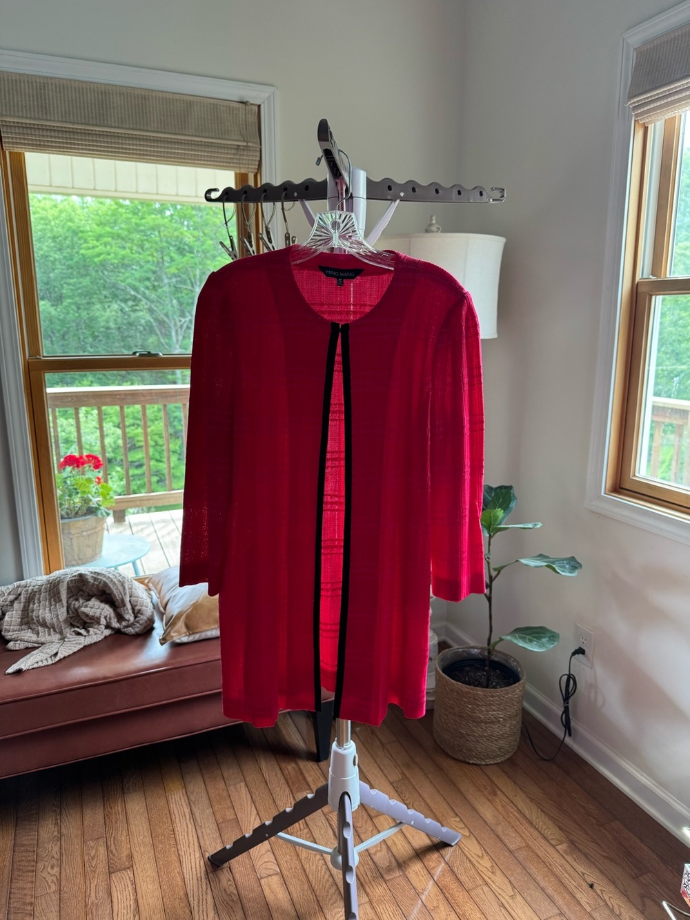 Elegant Ming Wang Tunic Jacket Hot Pink Black Trim Open Front Medium
